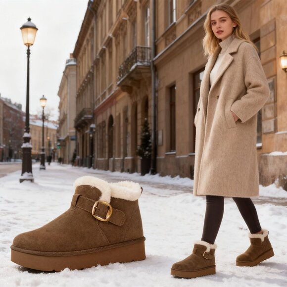 Women's Snow Winter Warm Hook Loop Dark Brown Ankle Faux Fur Lining Booties - Picture 6 of 6